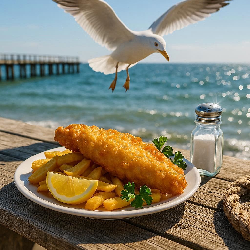 Golden-battered fish and crisp chips with fresh lemon wedges and sprigs of parsley on a weathered seaside wooden table; bright sunlight glinting off a glass salt shaker as a seagull hovers mid-air, eyeing the plate. In the background, a sunlit pier stretches into sparkling rolling blue waves, with neatly coiled rope along the table’s edge, vibrant and photorealistic.