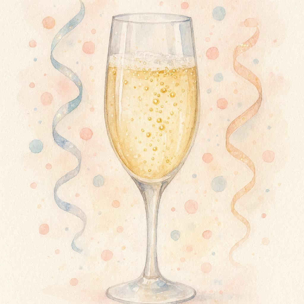 A delicate watercolor illustration of a sparkling champagne flute with golden bubbles, surrounded by pastel confetti and shimmering streamers, close-up view, soft light for a dreamy and elegant New Year vibe.