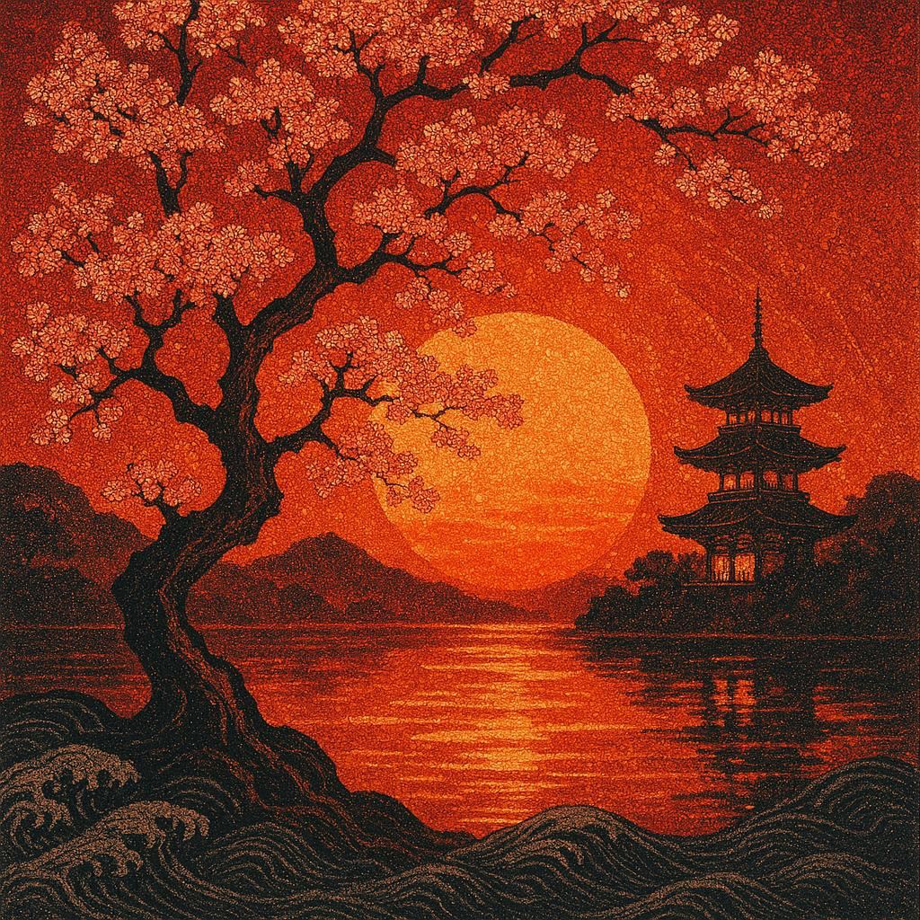 Twisted sakura tree silhouetted against a glowing sun in burnt orange and blood red, blossoms in delicate stippling evoking pointillism and Japanese textile patterns. A pagoda glows near a mirrored lake, sun reflected in abstract brushstrokes. Hokusai-inspired waves, solemn, sacred, timeless mood.