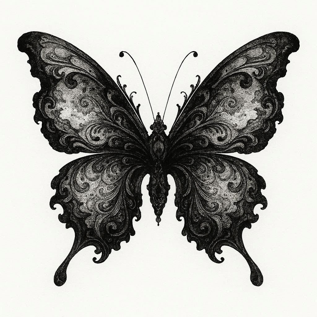 A sophisticated Rorschach‑style inkblot forming an ornate butterfly silhouette, rendered in rich, flowing ink with intricate mirrored details. The composition is perfectly symmetrical yet intentionally ambiguous, with delicate flourishes, layered textures, and subtle organic patterns emerging within the wings. The style feels refined and artistic, like a high‑end monochrome print on clean white paper, minimal and elegant with no distractions.
