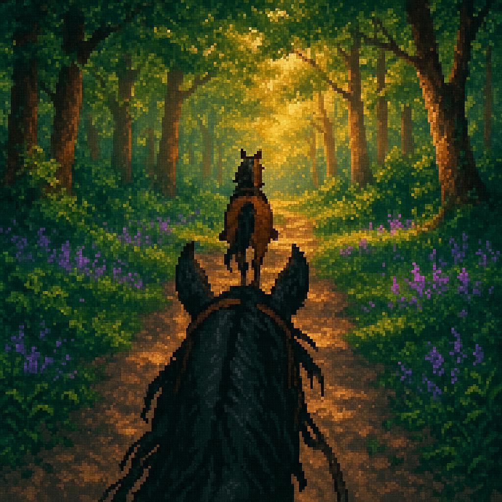 Cinematic pixel art forest trail, first-person view: riding a black horse, following a brown horse through a sunlit, enchanted forest. Lush green foliage, tall trees with golden light, purple flowers, dappled shadows. Nostalgic 16-bit video game aesthetic, adventurous, magical atmosphere.