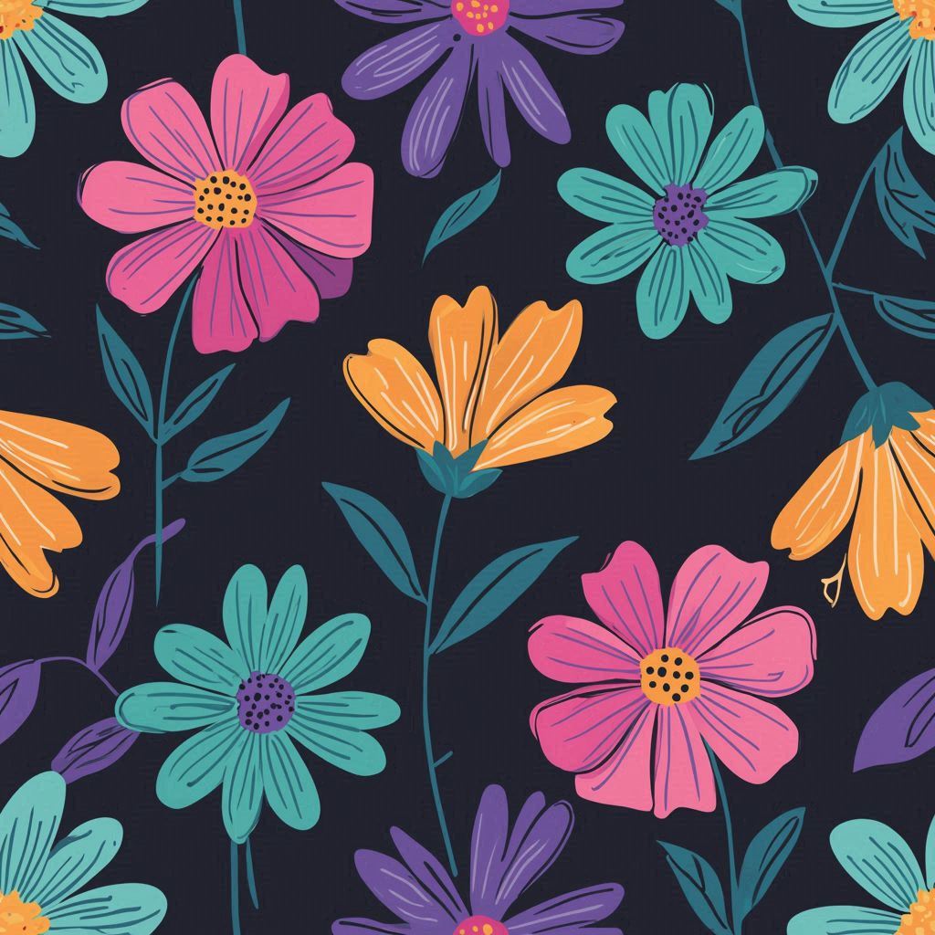 A cute colorful Mother's Day flower pattern in a flat cartoon illustration style, bold outlines, bright pink and orange flowers, teal and purple petals, simple leaves, dark background, greeting card look。画像 2/4