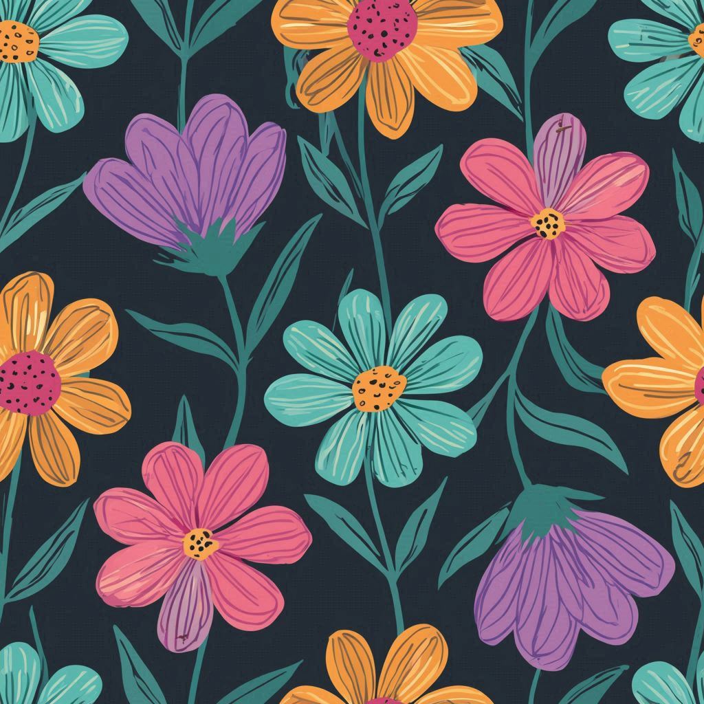 A cute colorful Mother's Day flower pattern in a flat cartoon illustration style, bold outlines, bright pink and orange flowers, teal and purple petals, simple leaves, dark background, greeting card look。画像 4/4