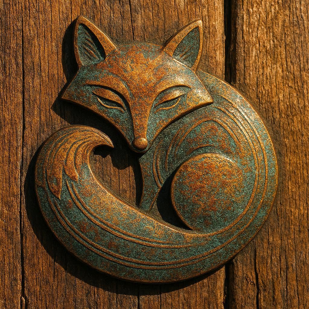 A flat brass fox emblem, curled with its tail over its nose, half-lidded eyes, patina shifting from coppery orange to cool teal, intricate etched bands tracing its form, resting on a weathered oak door with visible grain, bathed in bright warm afternoon sunlight that glints across the worn metal, enhancing every detail, photorealistic.
