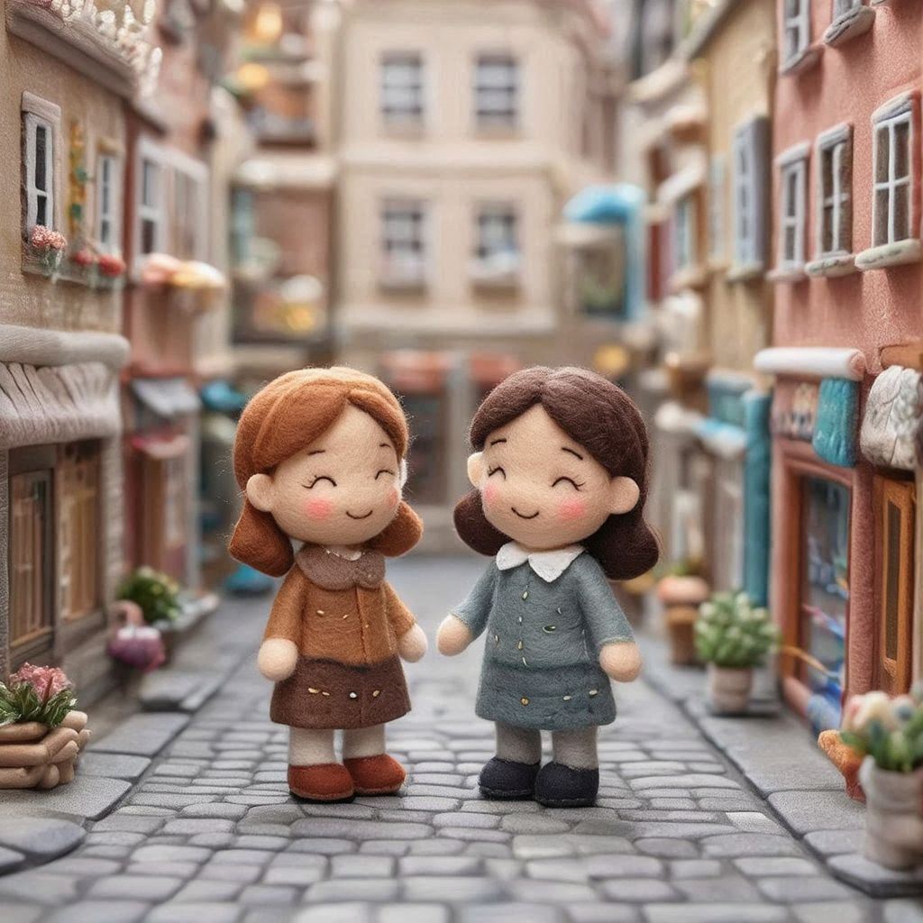 Two female friends made of soft felt stand in a small town center, having a warm, friendly chat. The scene features tiny handcrafted buildings, stitched windows, felt cobblestones, and colorful shopfronts. Their felt hair and clothing have gentle stitched details, and the atmosphere feels cozy and handmade. Soft, even lighting and a calm, welcoming mood define the scene.. Image 2 of 3