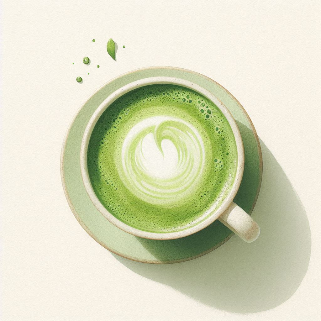 Watercolor top-down view of a matcha latte with a smooth green surface and subtle foam swirl, pale cream background, minimal composition.