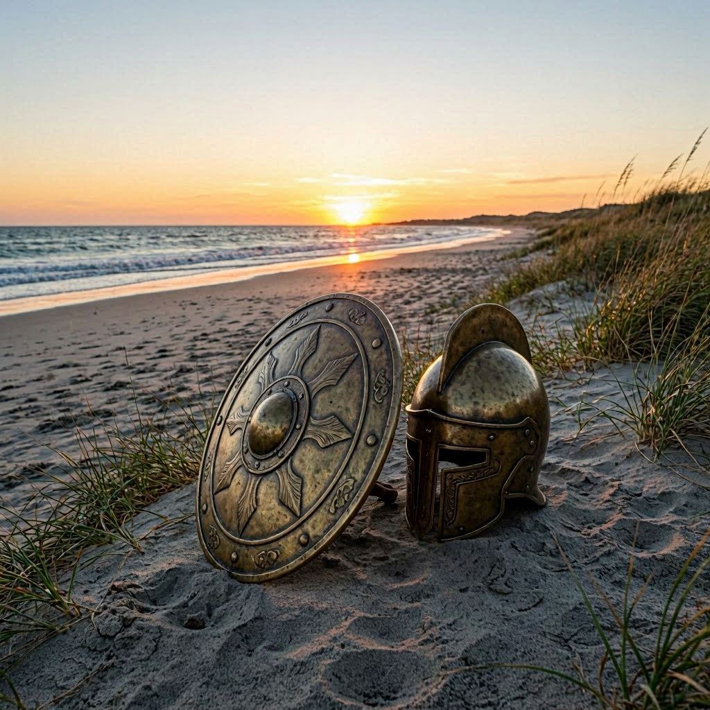 A warrior's bronze shield and helmet resting on a windswept beach at dawn, quiet epic mood.