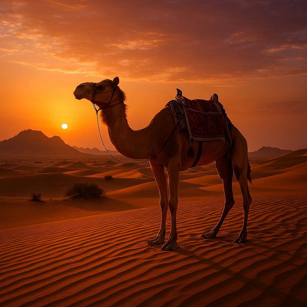 A majestic camel standing alone in the golden sands of the UAE desert during sunset. The sky is painted in warm hues of orange and purple, casting long shadows on the rippled dunes. The camel is adorned with traditional Bedouin-style saddle and decorations. A distant view of rocky mountains and sparse desert vegetation adds depth to the scene. Photorealistic, high-resolution, dramatic lighting, cinematic style.