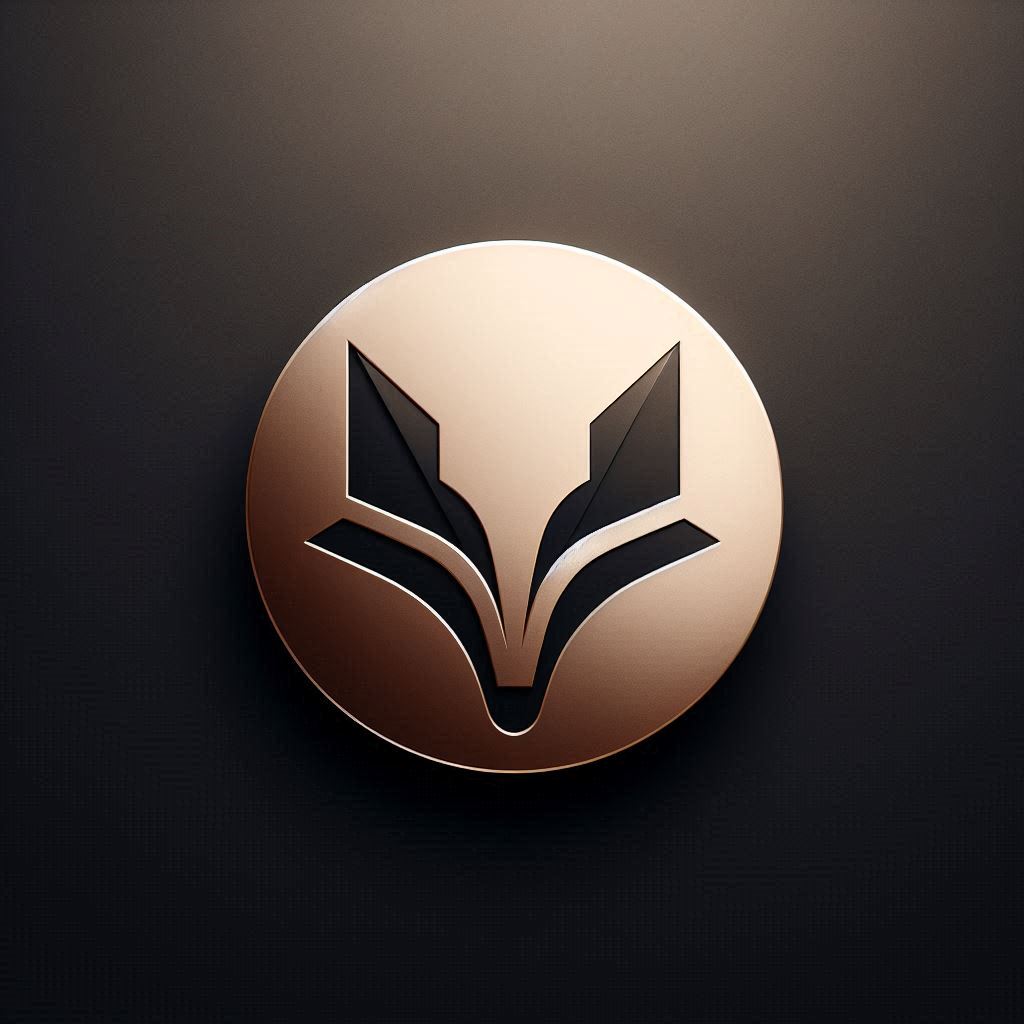 minimalist logo for a high-end jewelry brand, featuring a sleek, geometric fox head with subtle gold gradients. The background is soft matte black with gentle spotlight lighting, making the metallic accents stand out elegantly.