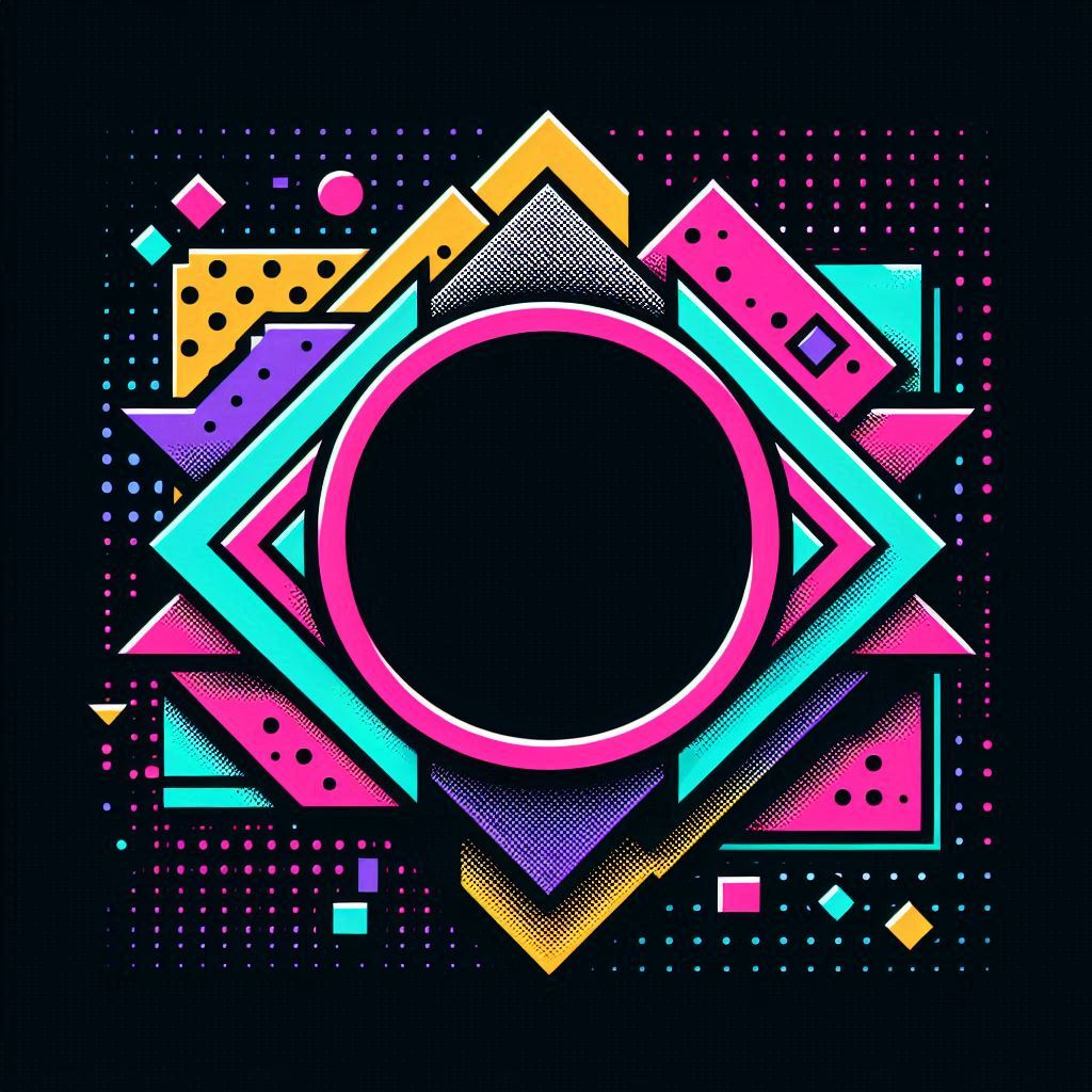 90s retro logo design with bold geometric shapes, vibrant neon colors (pink, teal, yellow, purple), thick black outlines, halftone textures, and a playful Memphis-style background. Centered abstract emblem with clean negative space for text overlay, flat vector style, high contrast, no actual text in the image, crisp edges, bright nostalgic aesthetic.