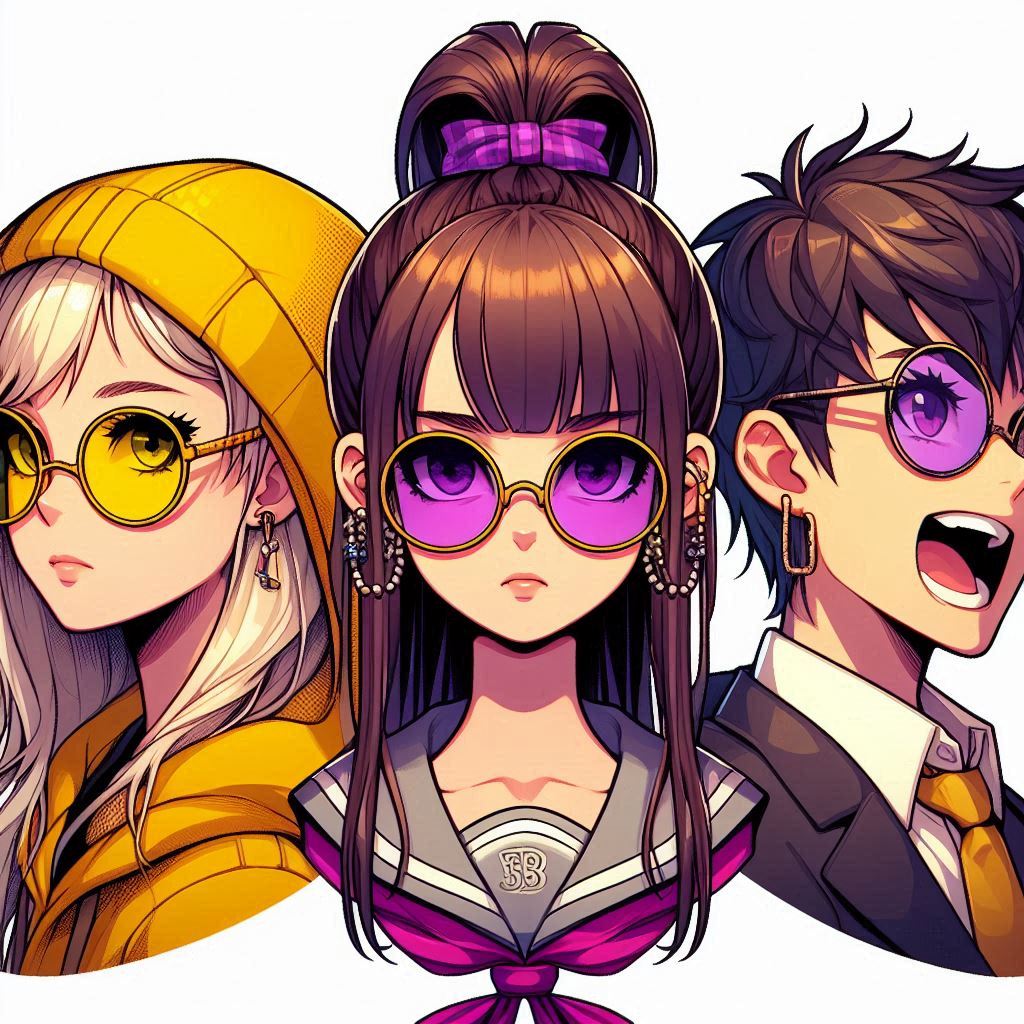 Create an avatar of a girl wearing yellow sunglasses with hair that covers her forehead and ears, a high school girl with a ponytail and purple eyes, an energetic hip-hop boy using a film noir, minimalist, pop art, or anime aesthetic.