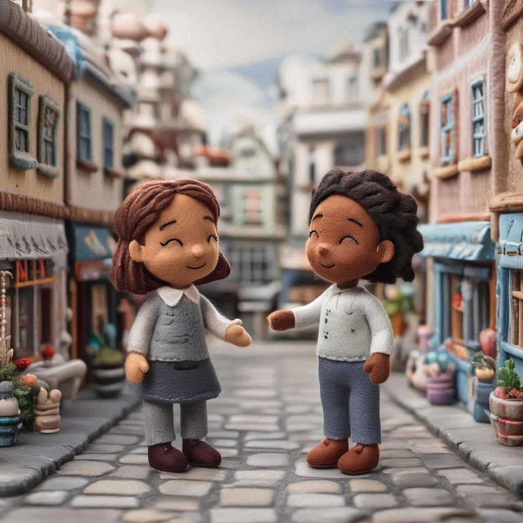 Two female friends made of soft felt stand in a small town center, having a warm, friendly chat. The scene features tiny handcrafted buildings, stitched windows, felt cobblestones, and colorful shopfronts. Their felt hair and clothing have gentle stitched details, and the atmosphere feels cozy and handmade. Soft, even lighting and a calm, welcoming mood define the scene.. Image 1 of 3