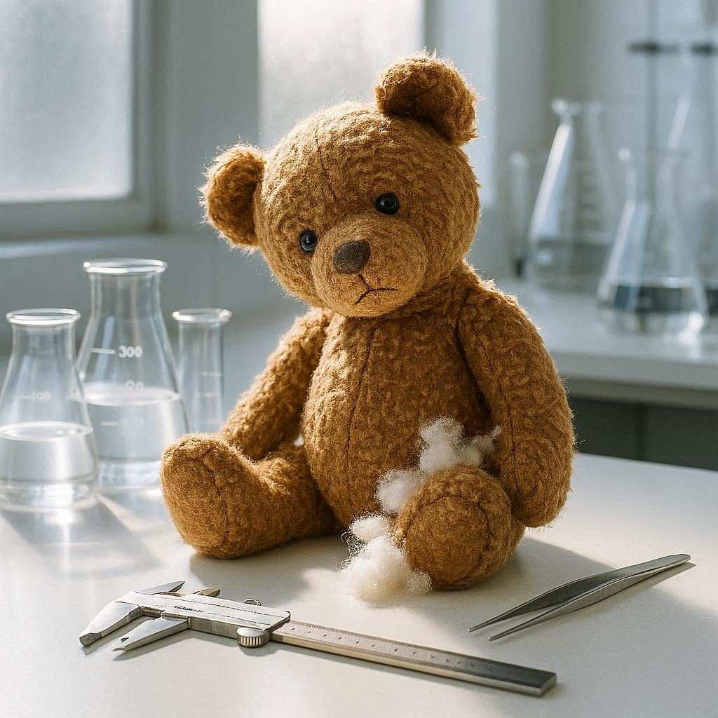 On a spotless laboratory counter, a worn plush brown bear with a tilted head and a loose seam spilling soft white stuffing sits among gleaming glass beakers, precise calipers, and fine tweezers poised beside its paw. Midday sunlight streams through frosted glass, casting a bright halo on its textured fur, with enhanced vivid lighting and crisp details. Photorealistic.