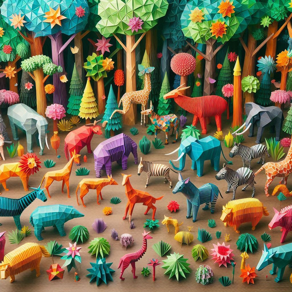 Entire rainforest made from folded colored paper, full of geometric animals.。画像 3/4