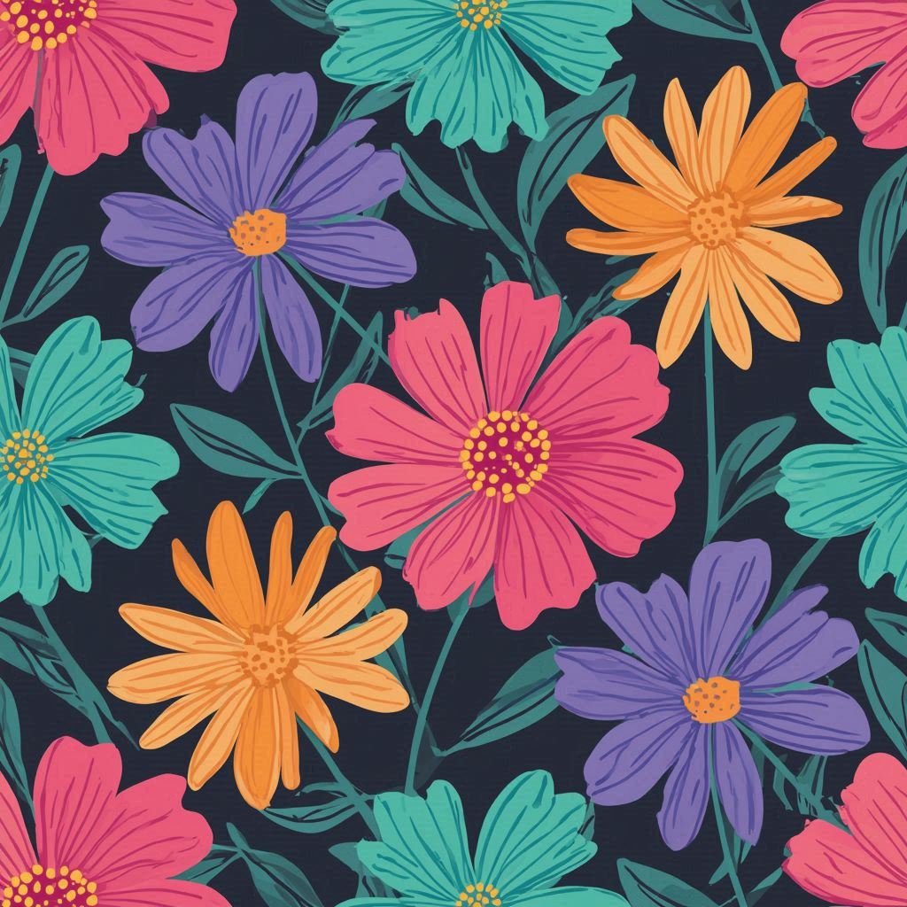 A cute colorful Mother's Day flower pattern in a flat cartoon illustration style, bold outlines, bright pink and orange flowers, teal and purple petals, simple leaves, dark background, greeting card look。画像 3/4
