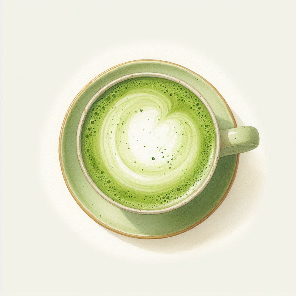 Watercolor top-down view of a matcha latte with a smooth green surface and subtle foam swirl, pale cream background, minimal composition.。画像 4/4