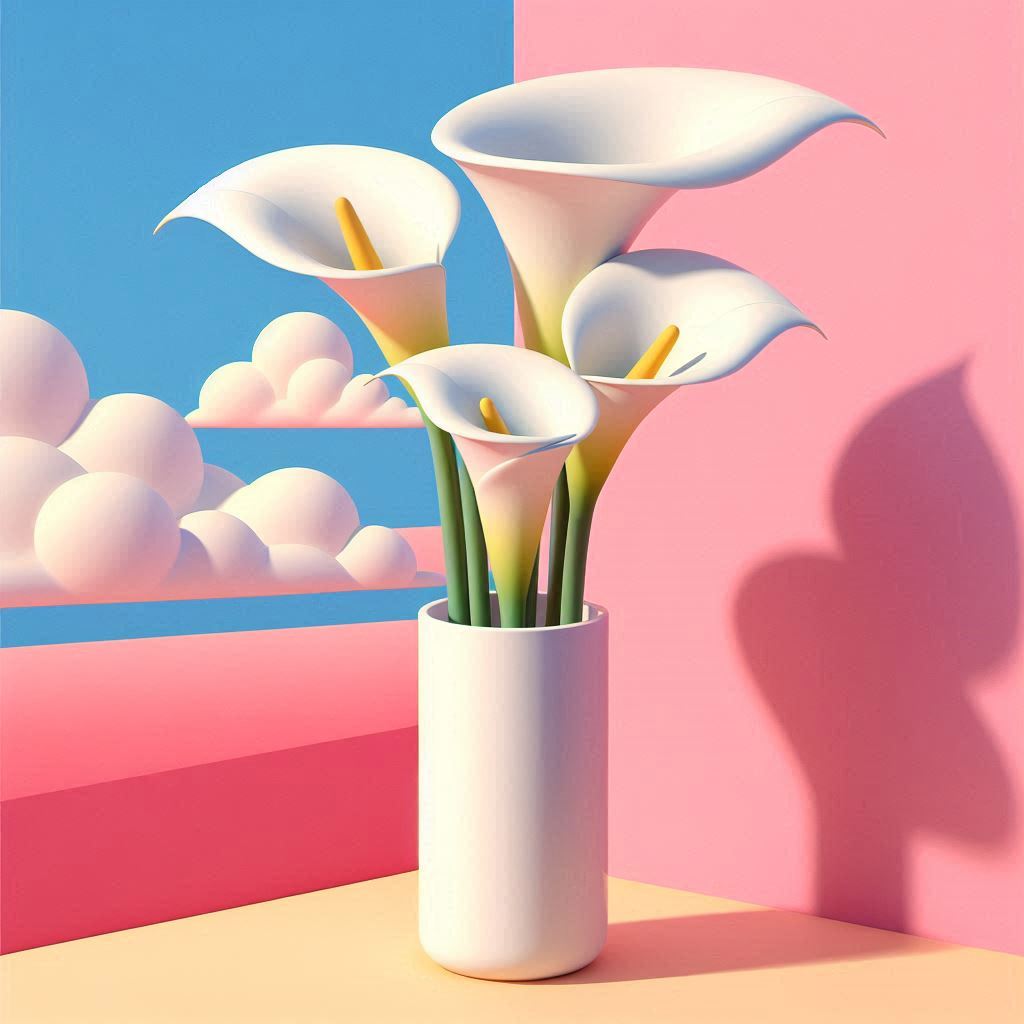 Three White calla lilies in a white vase, with a pink and red background against a blue sky, in the style of David Hockney. The pastel colors, soft shadows, minimalism, and smooth curves create a hyper-realistic, high-resolution image with extreme detail.