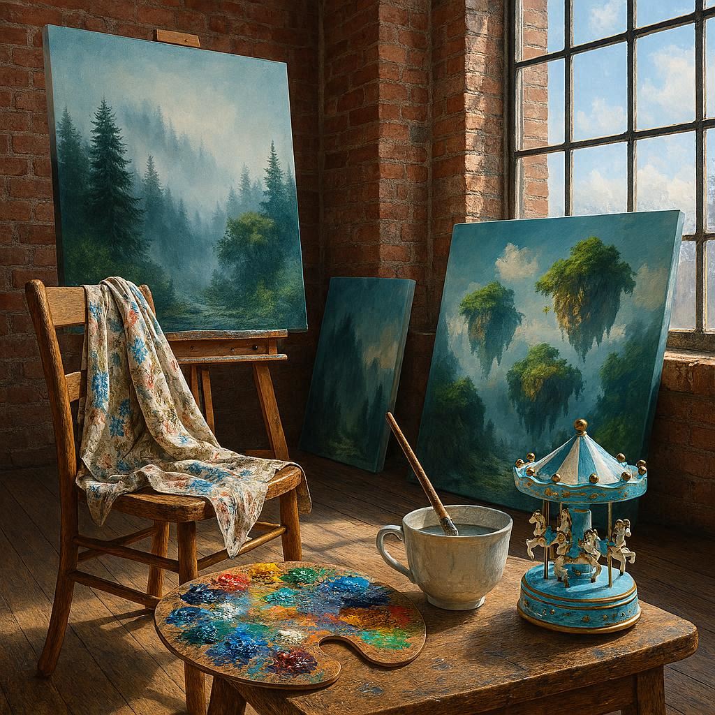 In a spacious loft with sunlit brick walls, half-finished canvases of misty forests and floating islands lean casually, their colors vivid. A paint-smeared smock drapes over a wooden chair, palette glistening with fresh hues. A porcelain teacup of cloudy paint water cradles a brush, while a tiny carousel music box spins painted horses in bright bluish daylight, Photorealistic.