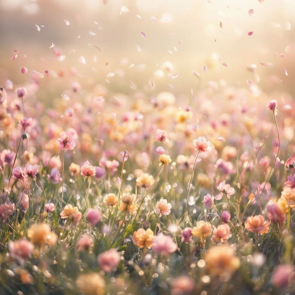 Soft pastel spring meadow filled with blooming wildflowers in pink, peach, and butter‑yellow tones, gentle sunlight diffused through light morning haze, tiny petals drifting in the breeze, shallow depth of field with creamy bokeh, dewy highlights sparkling on grass, serene and airy atmosphere, ultra‑detailed florals, soft motion in leaves and petals, high‑quality photographic style with a peaceful, uplifting spring mood.. Image 3 of 4
