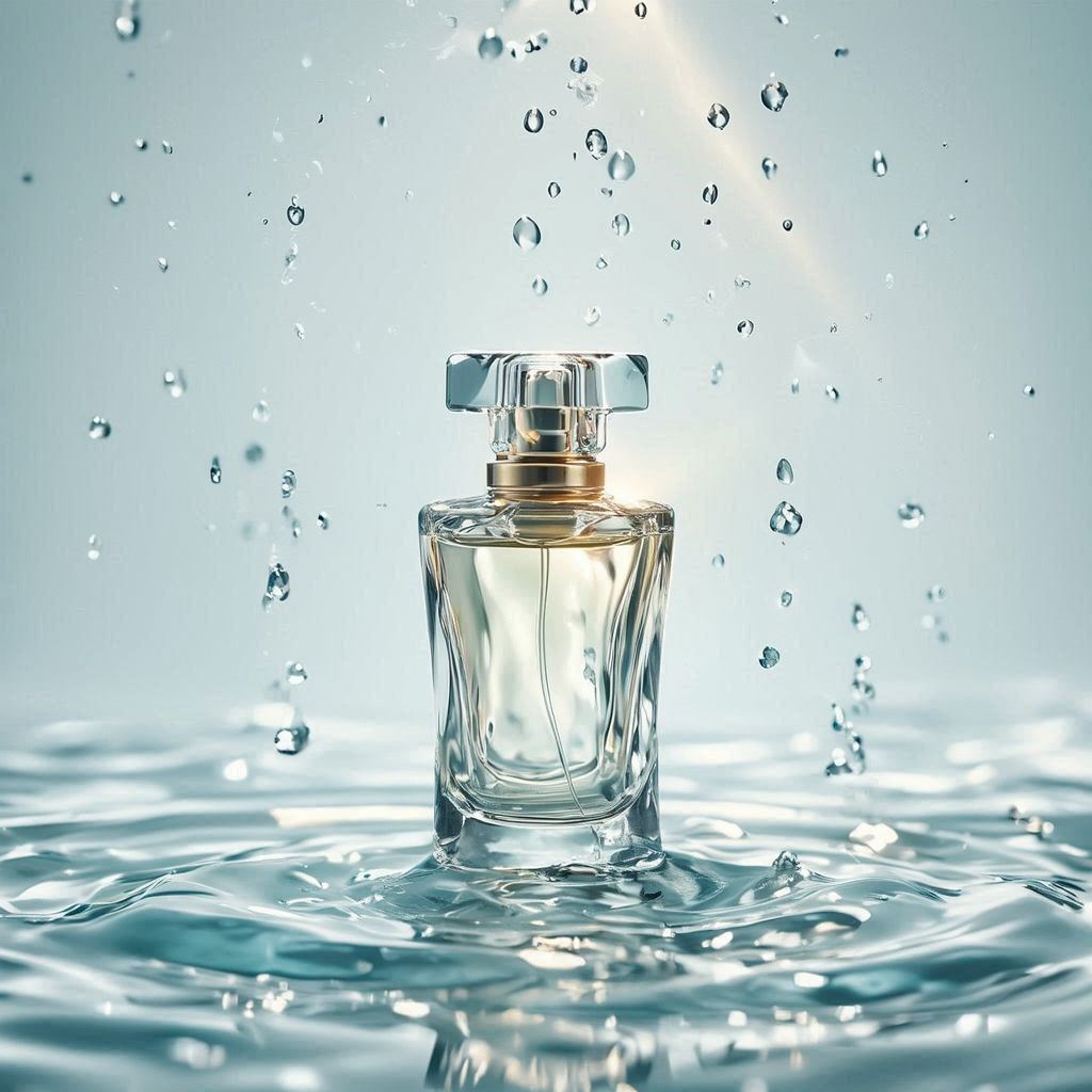 A sculpted glass perfume bottle stands on a glossy, water‑rippled surface catching soft shimmering highlights, with droplets drifting like crystallized mist. Centered against a pale aqua‑to‑white gradient, it’s lit by cool diffused studio light that sharpens the glass edges, while a warm golden beam grazes the bottle. Subtle translucent waves around the base enhance the fresh, pure, high‑end feel in crisp premium photography.. 4 এর 4 ছবি