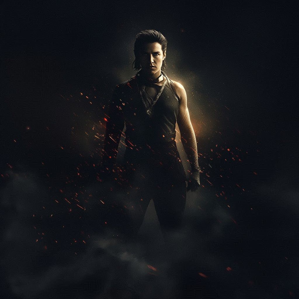 Create a dramatic cinematic movie poster featuring a powerful central character standing in a bold, heroic pose. Use dynamic lighting, deep shadows, and a high‑contrast color palette. Add atmospheric elements like fog, sparks, or glowing light to enhance tension. Include stylized title typography, subtle texture, and a strong sense of scale, evoking epic storytelling without referencing any existing films.