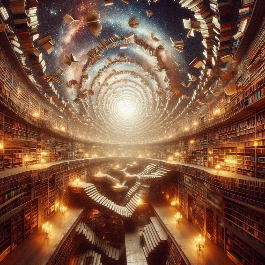 surrealism-style image of an endless library where books fly like birds, their pages forming staircases that lead to unknown worlds hidden inside their covers, from a wide-angle panoramic perspective, with soft candlelit illumination casting shifting shadows that move on their own. The ceiling dissolves into a swirling galaxy, where stories take physical form and drift through the air.