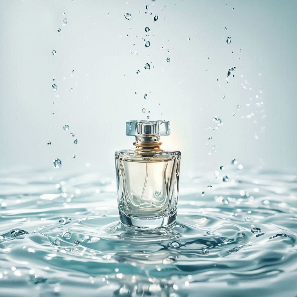 A sculpted glass perfume bottle stands on a glossy, water‑rippled surface catching soft shimmering highlights, with droplets drifting like crystallized mist. Centered against a pale aqua‑to‑white gradient, it’s lit by cool diffused studio light that sharpens the glass edges, while a warm golden beam grazes the bottle. Subtle translucent waves around the base enhance the fresh, pure, high‑end feel in crisp premium photography.. 4 এর 2 ছবি