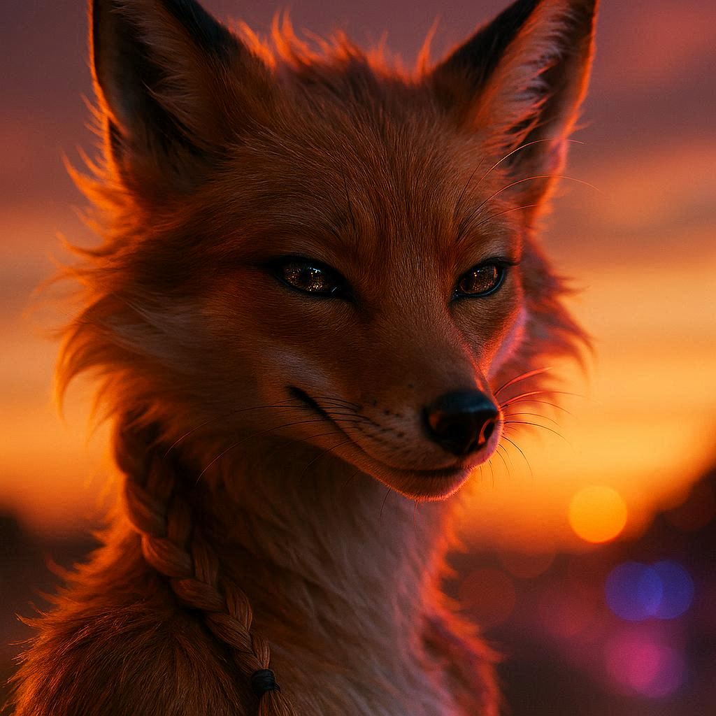 Cinematic macro close-up of an anthropomorphic foxwoman at sunset: wild tousled mane, single braid, tall black-tipped ears, sleek muzzle, gold-tan gradient fur, smug expression, starlight-speckled eyes. Neon reflections, path-traced lighting, 8K hyper-real rendering, ultra-shallow depth, intricate fur details, 3:4 aspect ratio.