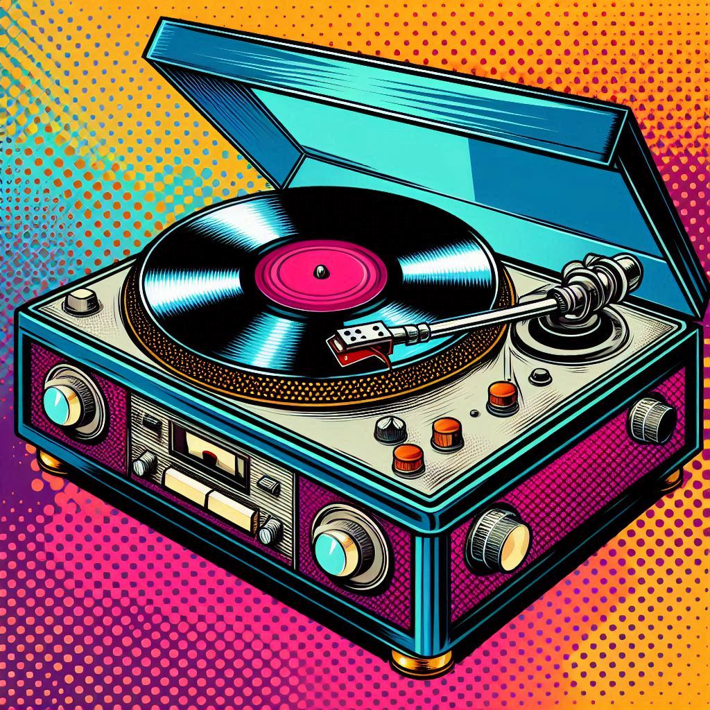 A pop art turntable with a spinning vinyl record, vibrant color blocks, halftone texture.。画像 2/4
