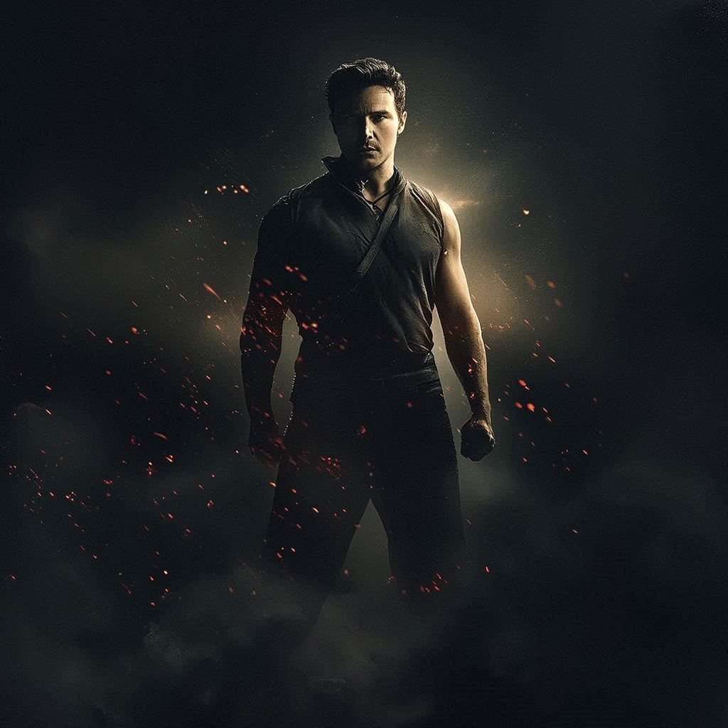 Create a dramatic cinematic movie poster featuring a powerful central character standing in a bold, heroic pose. Use dynamic lighting, deep shadows, and a high‑contrast color palette. Add atmospheric elements like fog, sparks, or glowing light to enhance tension. Include stylized title typography, subtle texture, and a strong sense of scale, evoking epic storytelling without referencing any existing films.。画像 3/3