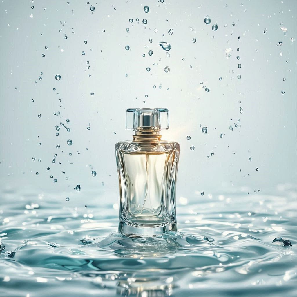 A sculpted glass perfume bottle stands on a glossy, water‑rippled surface catching soft shimmering highlights, with droplets drifting like crystallized mist. Centered against a pale aqua‑to‑white gradient, it’s lit by cool diffused studio light that sharpens the glass edges, while a warm golden beam grazes the bottle. Subtle translucent waves around the base enhance the fresh, pure, high‑end feel in crisp premium photography.. 4 এর 1 ছবি