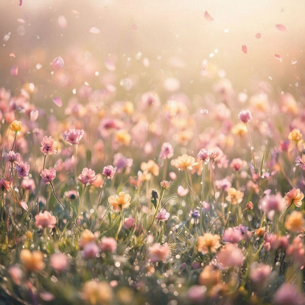 Soft pastel spring meadow filled with blooming wildflowers in pink, peach, and butter‑yellow tones, gentle sunlight diffused through light morning haze, tiny petals drifting in the breeze, shallow depth of field with creamy bokeh, dewy highlights sparkling on grass, serene and airy atmosphere, ultra‑detailed florals, soft motion in leaves and petals, high‑quality photographic style with a peaceful, uplifting spring mood.. Image 2 of 4