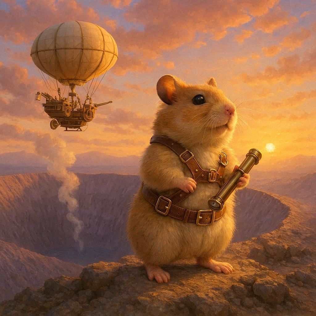 At the rim of a dormant volcano, a tiny adventurous hamster explorer from a detailed clockwork airship stands proudly on hind legs, brass-buckled aviator harness gleaming in the bright sunrise. A polished spyglass rests in its paw, golden light illuminating plush fur, pink-gold clouds, and lavender ash, with a delicate smoke plume curling from the vast crater below, photorealistic.