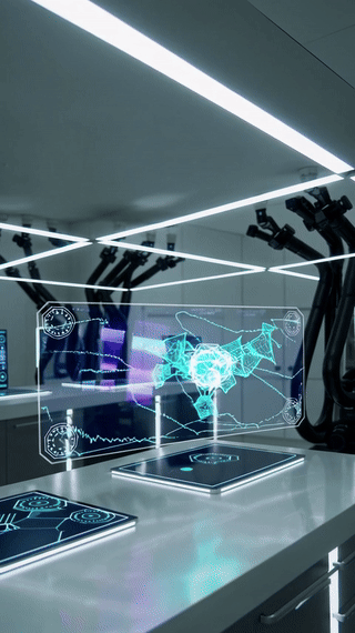 A futuristic lab glows under bright LED panels. Use crisp artificial light with a gentle zoom-in. 