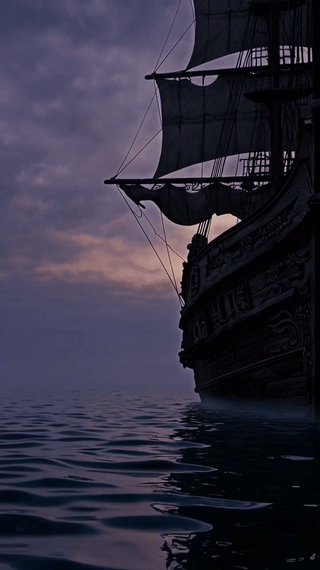 A pirate ship slowly emerges from ocean mist. With dramatic twilight lighting with a gentle pull-out.