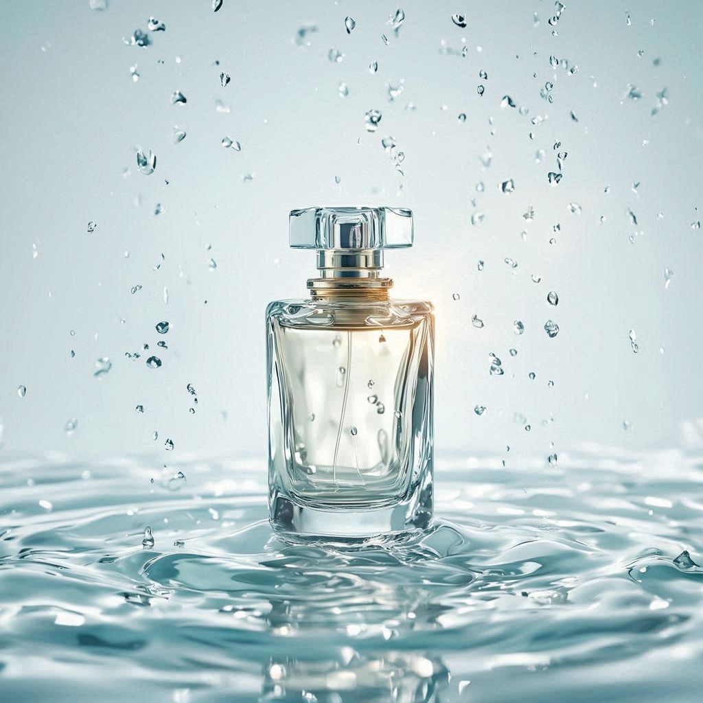 A sculpted glass perfume bottle stands on a glossy, water‑rippled surface catching soft shimmering highlights, with droplets drifting like crystallized mist. Centered against a pale aqua‑to‑white gradient, it’s lit by cool diffused studio light that sharpens the glass edges, while a warm golden beam grazes the bottle. Subtle translucent waves around the base enhance the fresh, pure, high‑end feel in crisp premium photography.
