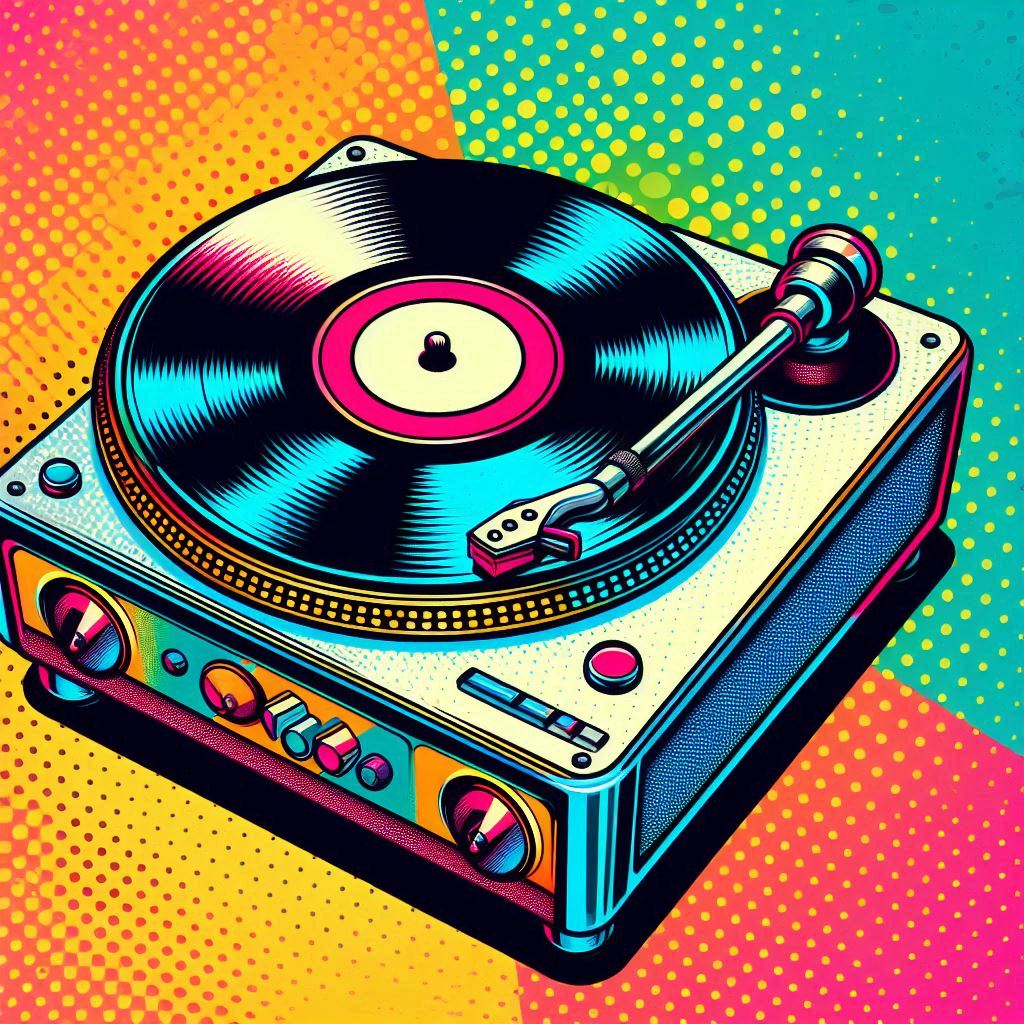 A pop art turntable with a spinning vinyl record, vibrant color blocks, halftone texture.。画像 3/4