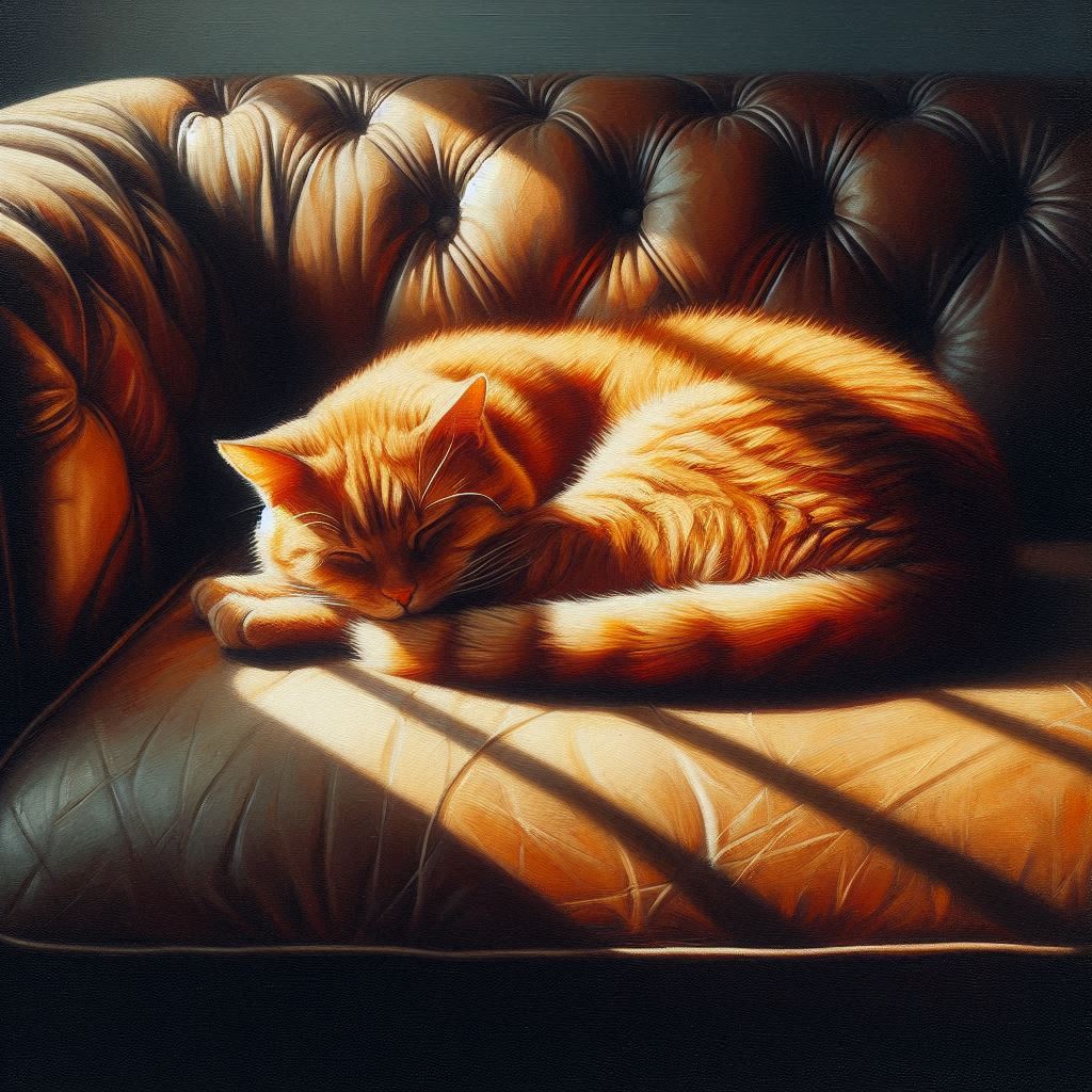 Minimalist oil painting of a curled-up orange cat on a vintage leather couch with sunlight streaming in on the cat