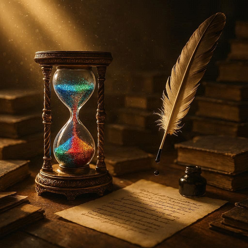 On a cluttered scholar’s desk, an ornate hourglass pours a shimmering cascade of sapphire, ruby, and emerald sand, each grain sparkling vividly. In a warm golden beam, dust motes glisten in midair; a feather quill hovers above a half-written parchment, ink droplet frozen mid-fall, as if under a magical time-stopping spell, with bright, clear lighting. Photorealistic.