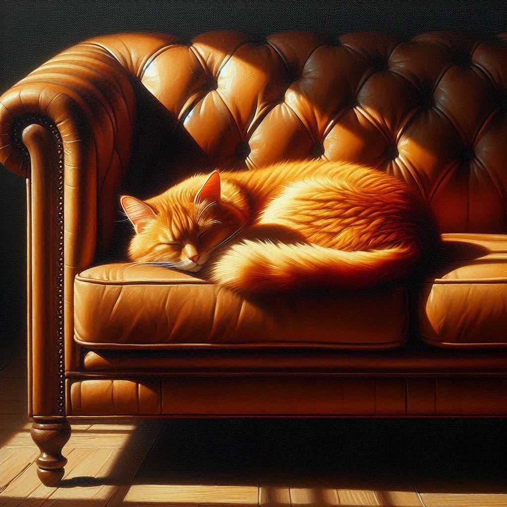 Minimalist oil painting of a curled-up orange cat on a vintage leather couch with sunlight streaming in on the cat. Image 3 of 4