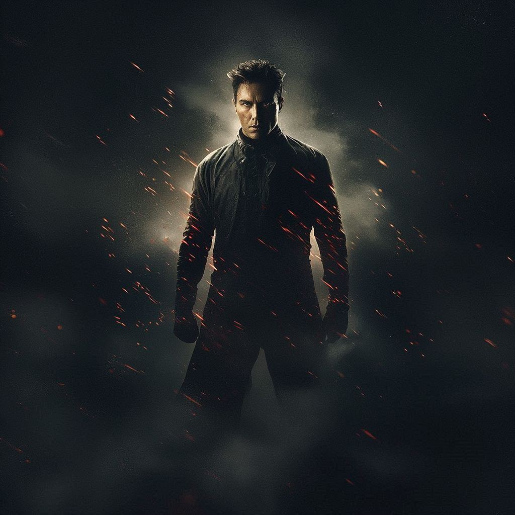 Create a dramatic cinematic movie poster featuring a powerful central character standing in a bold, heroic pose. Use dynamic lighting, deep shadows, and a high‑contrast color palette. Add atmospheric elements like fog, sparks, or glowing light to enhance tension. Include stylized title typography, subtle texture, and a strong sense of scale, evoking epic storytelling without referencing any existing films.。画像 1/3