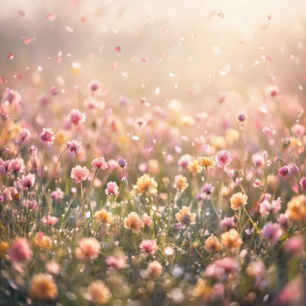 Soft pastel spring meadow filled with blooming wildflowers in pink, peach, and butter‑yellow tones, gentle sunlight diffused through light morning haze, tiny petals drifting in the breeze, shallow depth of field with creamy bokeh, dewy highlights sparkling on grass, serene and airy atmosphere, ultra‑detailed florals, soft motion in leaves and petals, high‑quality photographic style with a peaceful, uplifting spring mood.. Image 1 of 4