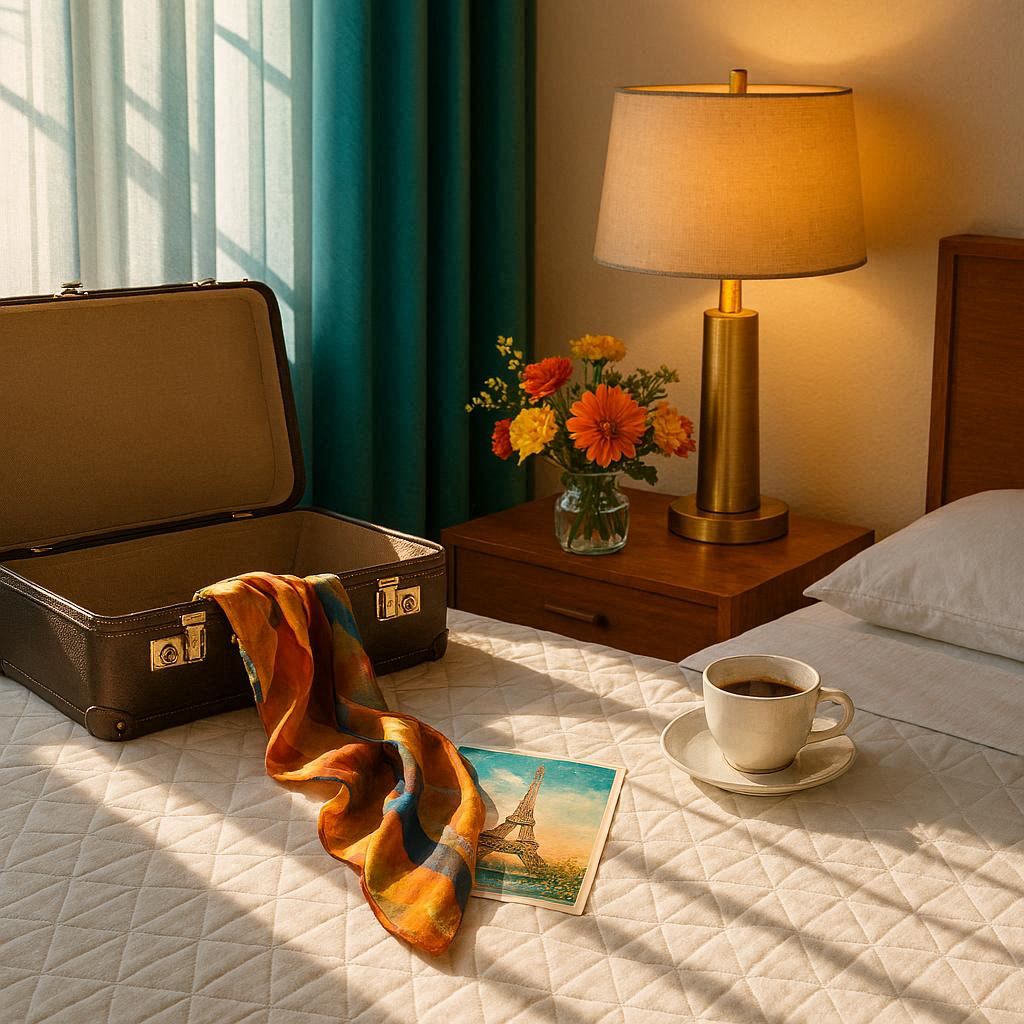 Late-afternoon sunlight streaming brightly across crisp patterned bedding in a mid-century modern suite, teal curtain shadows blending with a brass lamp’s warm amber glow, a silk scarf draped from an open suitcase onto a colorful postcard from Paris, beside a vibrant bouquet of fresh flowers and a steaming half-finished coffee, photorealistic, bright and airy atmosphere.