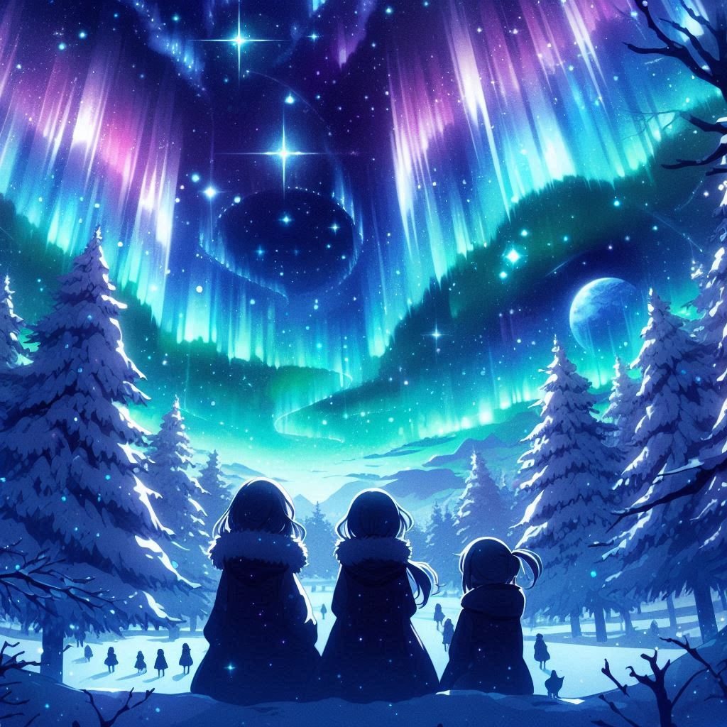 A magical winter night sky filled with stars and auroras, silhouetted characters gazing upward, dreamy anime-style illustration.