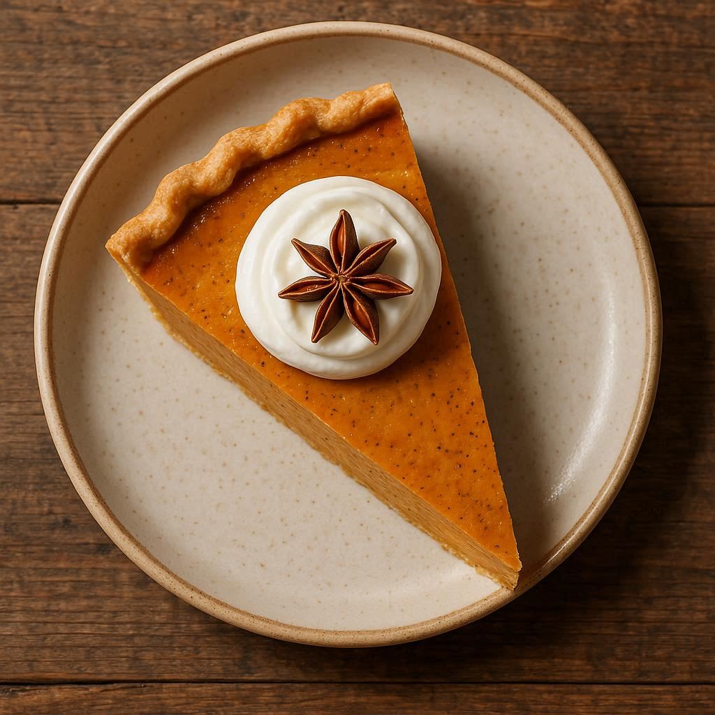 Top‑down slice of pumpkin pie with visible spice flecks, dollop of whipped cream, star‑anise garnish, ceramic plate on rustic wood; food‑magazine style, soft bounce lighting.