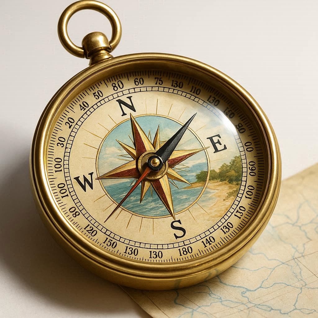 Under bright, crisp studio lighting, a polished brass compass dominates the frame, its etched degrees encircling a vivid cardinal rose in gold and crimson tones. The needle quivers toward a painted shoreline reflected in its glass, with a softly blurred folded map corner beneath, all details sharp and luminous in photorealistic style.