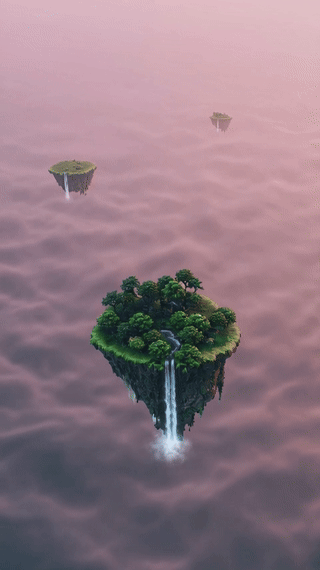 A floating island drifts in a pink misty sea. With soft ambient lighting with a sweeping zoom-out.