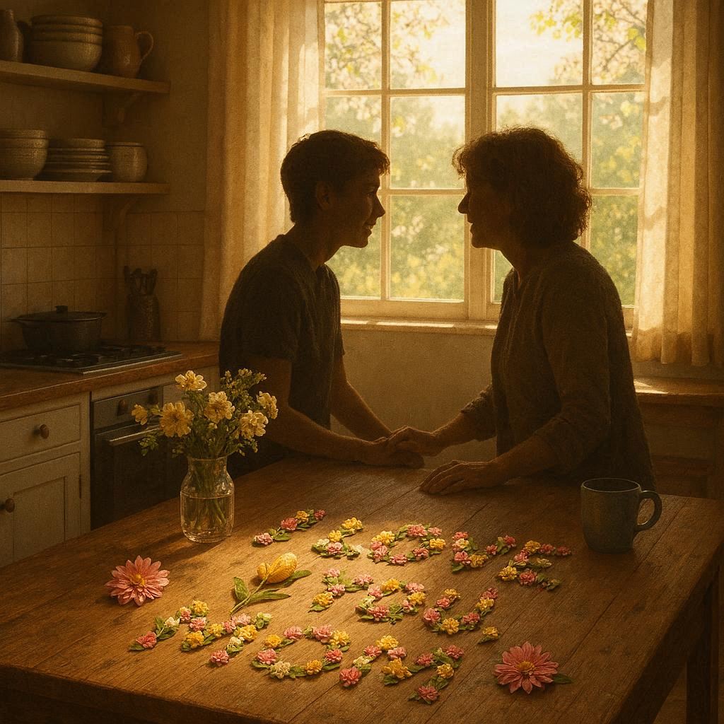Cozy sunlit kitchen scene with a mother and adult child silhouette near a window, soft spring light, floral elements on the table forming the words “I Love You, Mom”, realistic textures