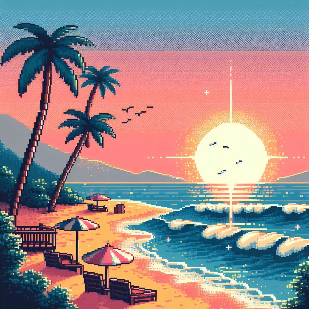 A pixelated summer scene with a beach, palm trees, and a sunset over the ocean.