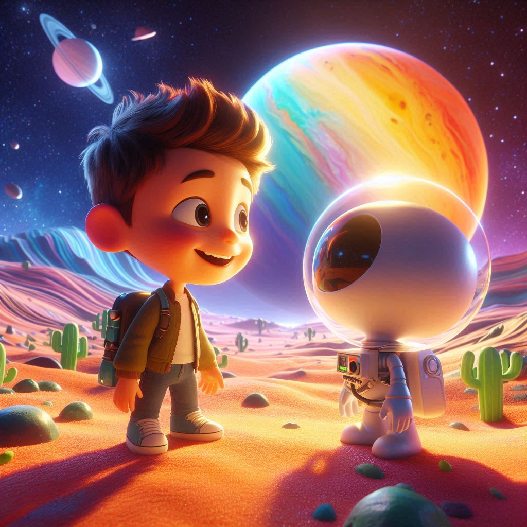 3D cartoon movie image of a curious young astronaut meeting an alien friend on a colorful exoplanet, in a Pixar or Disney cartoon movie style, from a mid-range eye-level perspective with soft, glowing starlight.